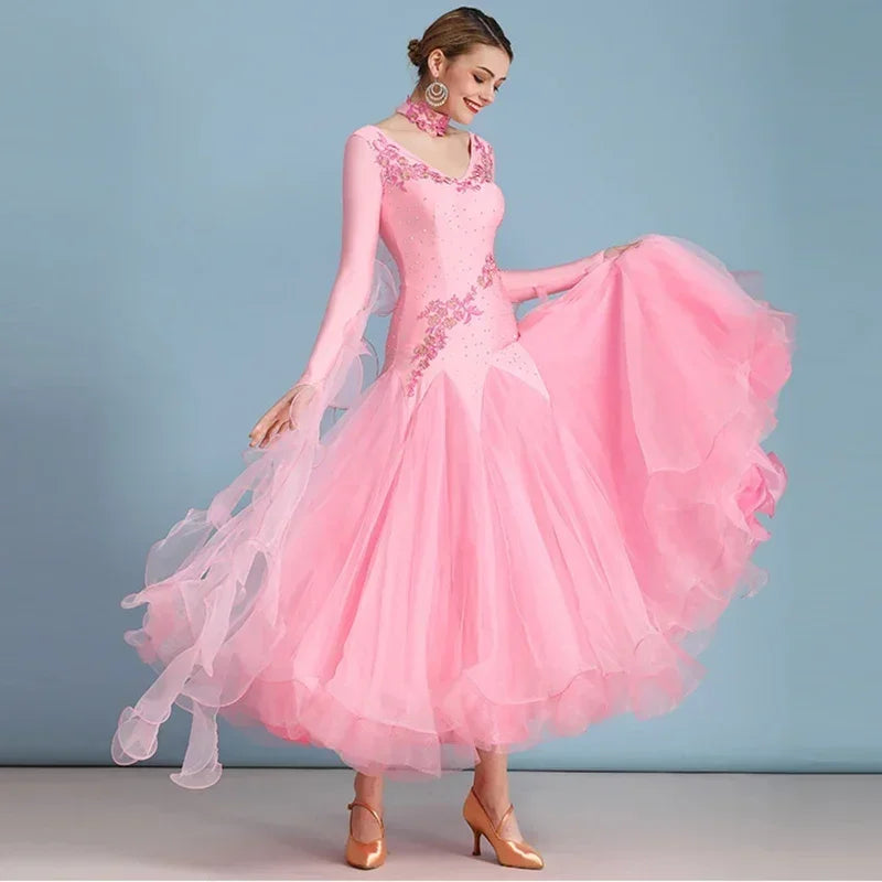 Women Competition Standard Modern Dancing Clothes Long Sleeve Waltz Stage Costumes Ballroom Dance Dress