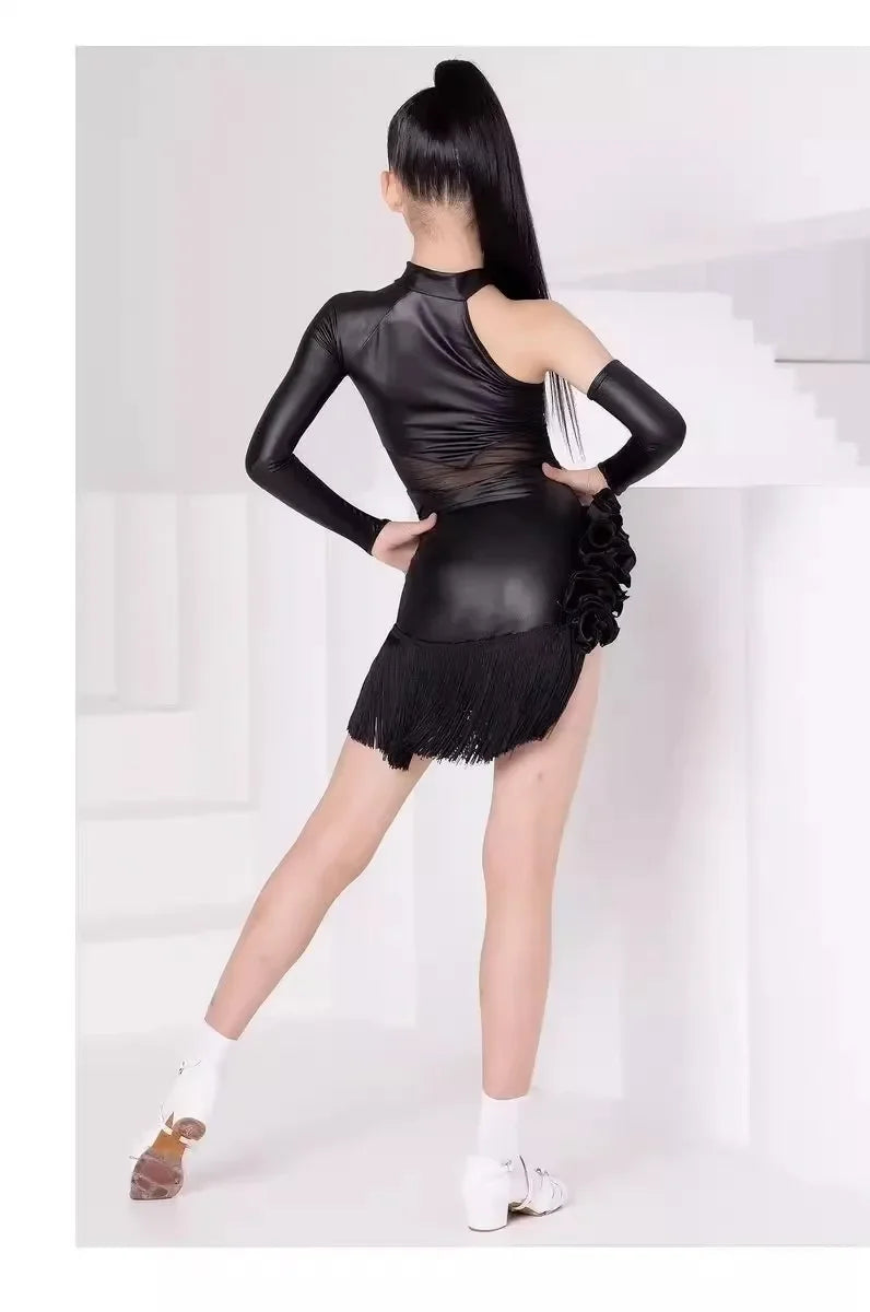 Girls Performance Costume One-Sleeve Black Fringe Skirt Kids Latin Dance Clothes Samba Cha-cha Competition Training Dress 2025