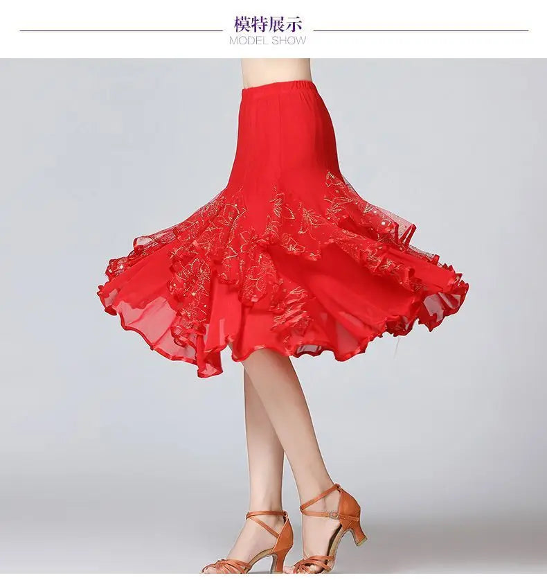 Square Dance/National Standard Modern Social Dance Big Swing Skirt Embroidered Square Dance Half Body Skirt Waltz Dance Skirt