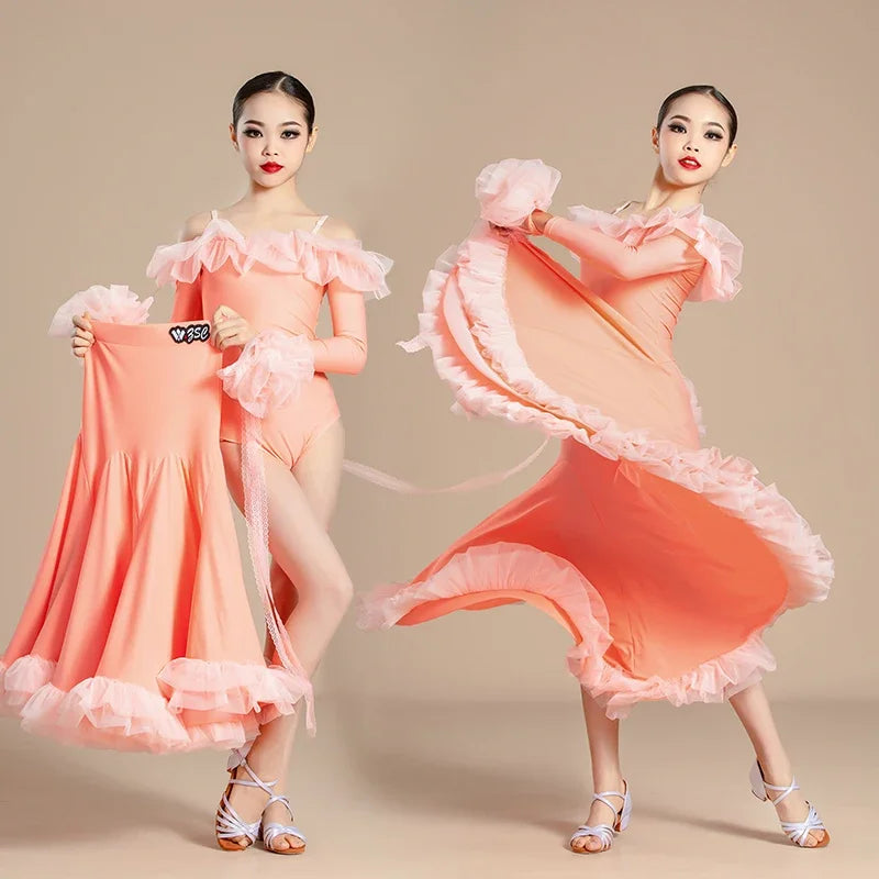 New Modern Dance Skirts National Standard Child Ballroom Dance Waltz Social Dance Long Dresses Competition Performance Costume
