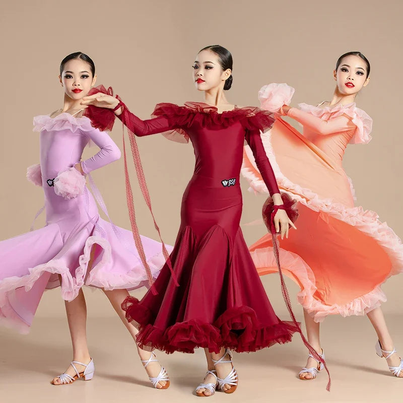 New Modern Dance Skirts National Standard Child Ballroom Dance Waltz Social Dance Long Dresses Competition Performance Costume