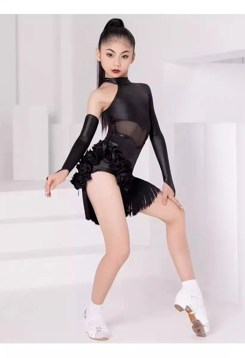 Girls Performance Costume One-Sleeve Black Fringe Skirt Kids Latin Dance Clothes Samba Cha-cha Competition Training Dress 2025