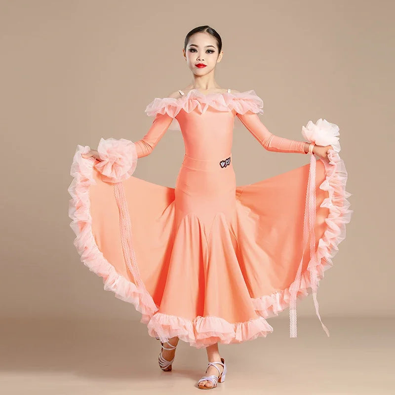 New Modern Dance Skirts National Standard Child Ballroom Dance Waltz Social Dance Long Dresses Competition Performance Costume