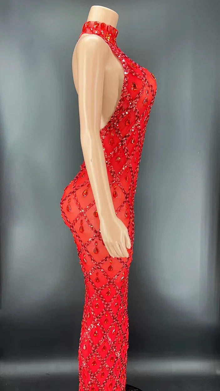 Customized Red Background Red Diamond Dress Nightclub Bar Female Singer DJDSgogo Performance Costume Stage Dress for Women