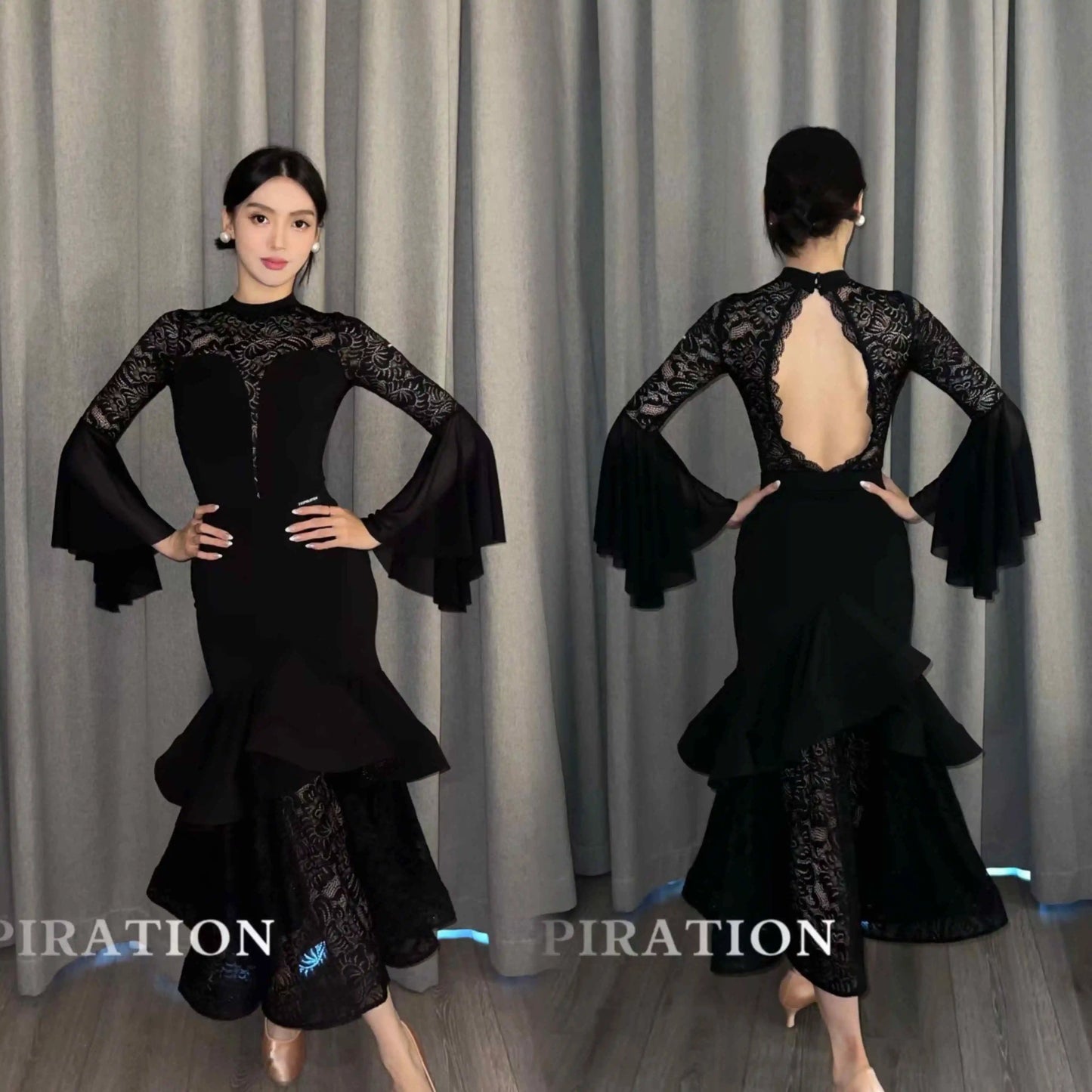 2024 Ballroom Dance Clothes Women Black Lace Tops Fishbone Skirt Long Sleeves Competition Dress Adult Waltz Dance Costume L13955