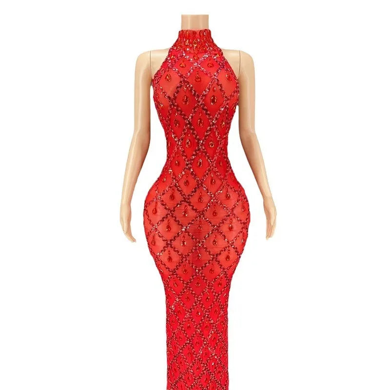 Customized Red Background Red Diamond Dress Nightclub Bar Female Singer DJDSgogo Performance Costume Stage Dress for Women