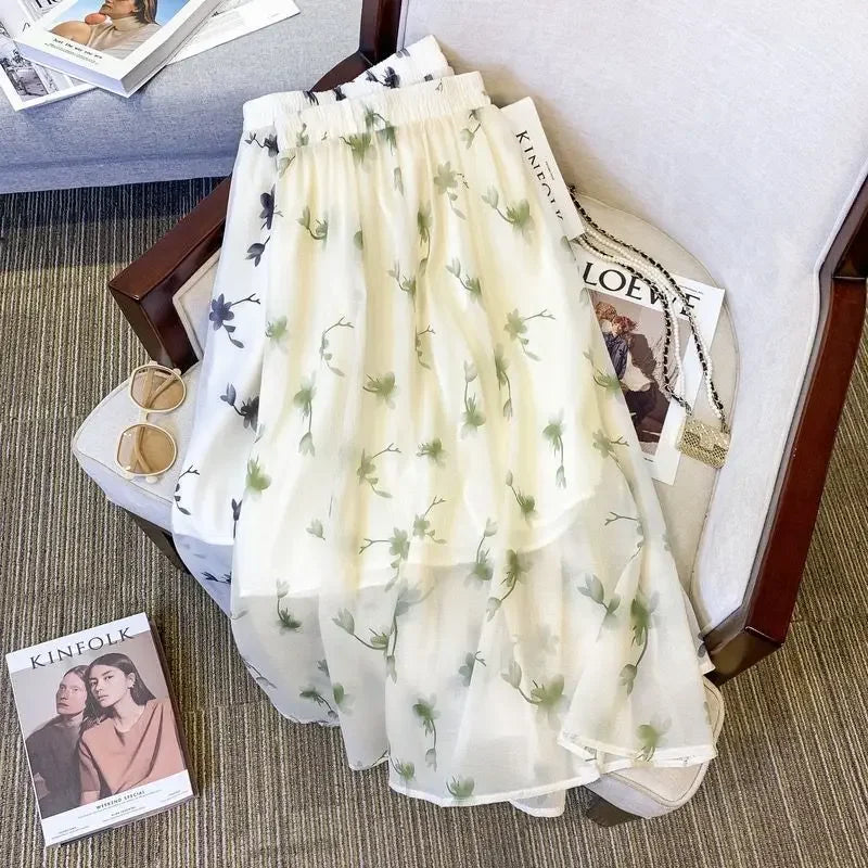 French Floral Skirt for Women with High Waist Covering Hips to Make Them Look Slim Mid-length A-line Skirt for the Forest