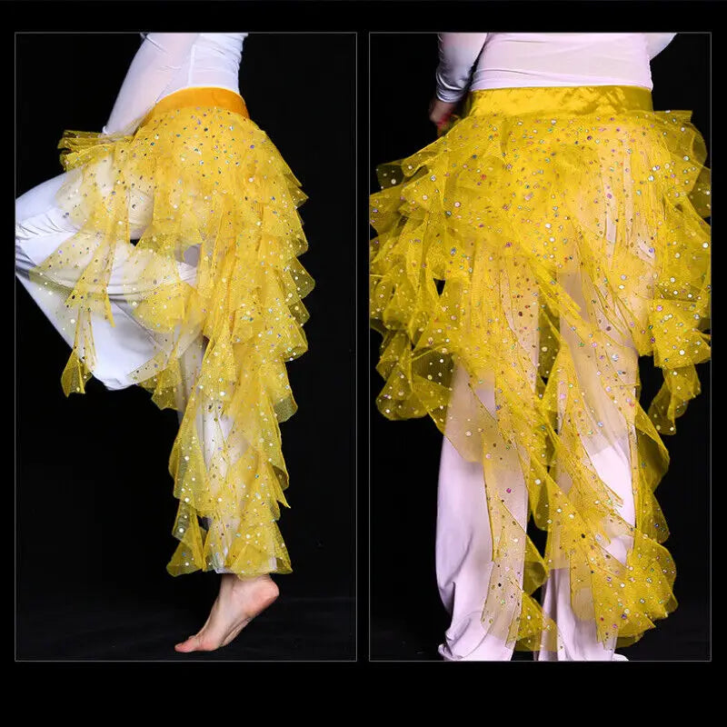 Women's Belly Dance Mesh Sequins Hip Scarf Wrap Skirts High Low Ruffle Mesh Waist Chain Belt Party Dance Costume Accessories