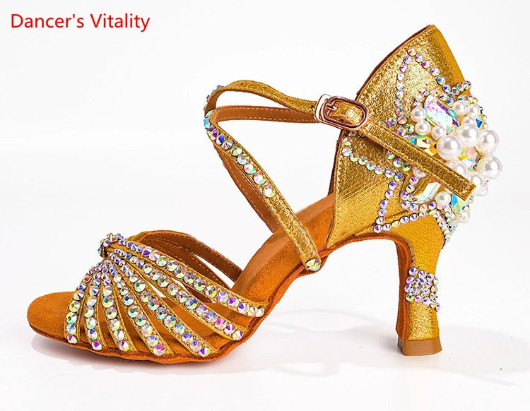 Latin Dance Shoes Female Adult Soft Sole with National Standard Professional Dance Shoes Diamond-studded Latin Shoes