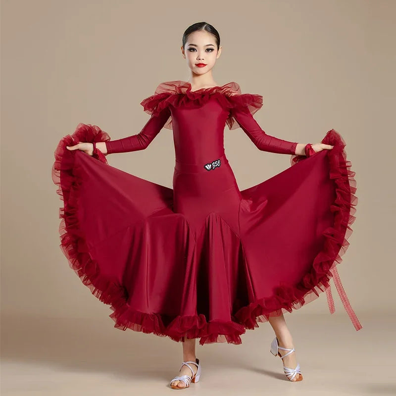 New Modern Dance Skirts National Standard Child Ballroom Dance Waltz Social Dance Long Dresses Competition Performance Costume