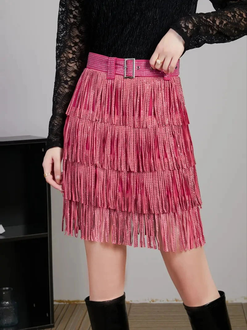 Women Skirt Fashion 2025 New Autumn High Waist Belt Multi Layer Short Heavy Drilling Rhinestones Fringed Skirt with Cake A Line