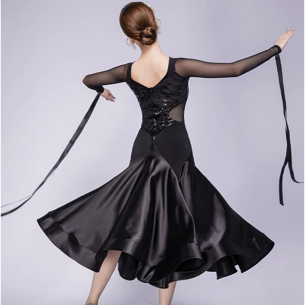 Stage Costume Streamers Standard Dance Dresses Competition Waltz Ballroom Dress for Competition Elegant Purple Long Sleeves Red