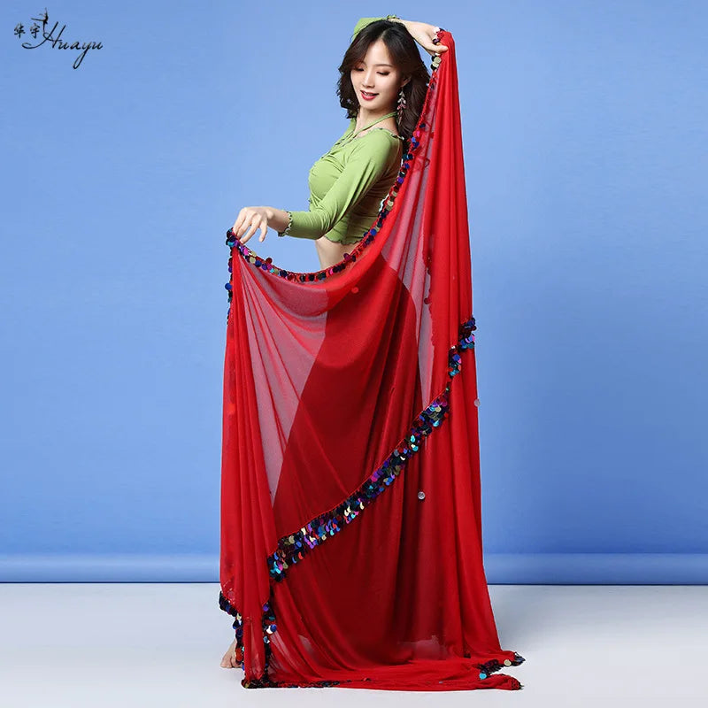 Vibrant Red Drape Shawl with Multicolor Pom-Pom Trim – Flowing Dance Cape, Festival Shawl, Decorative Red Drapery for Stage & Fashion