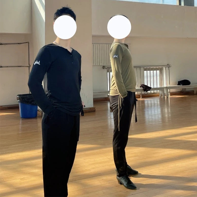 Men Long Sleeves Latin Dance Tops Round Neck Loose T Shirt Male Adult Cha Cha Rumba Salsa Dance Clothing Practice Wear DNV21958
