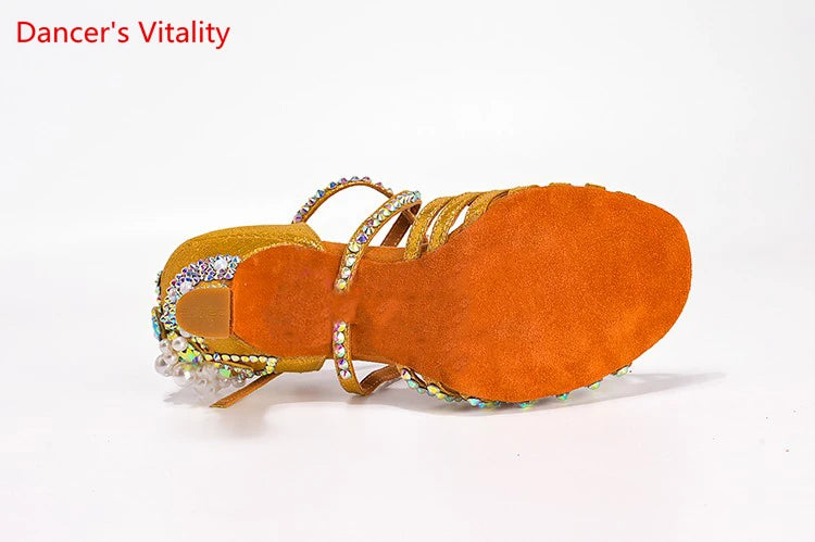 Latin Dance Shoes Female Adult Soft Sole with National Standard Professional Dance Shoes Diamond-studded Latin Shoes