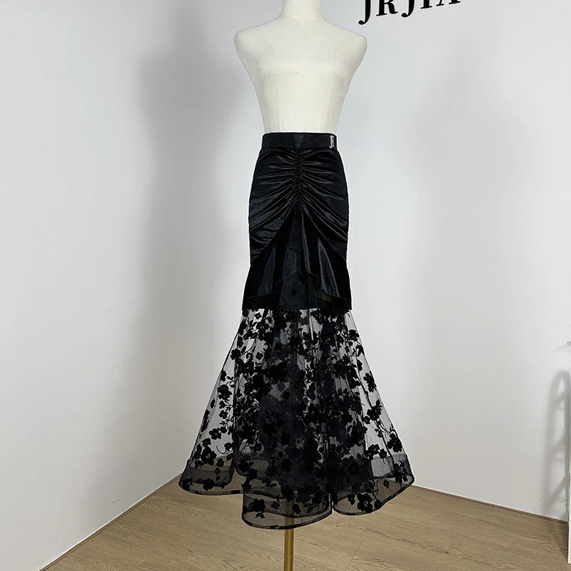 Ballroom Dance Clothes Women Adult Wrap Hip Sexy Black Long Skirt Lace Gauze Waltz Dance Skirt Practice Performance Wear NV20015
