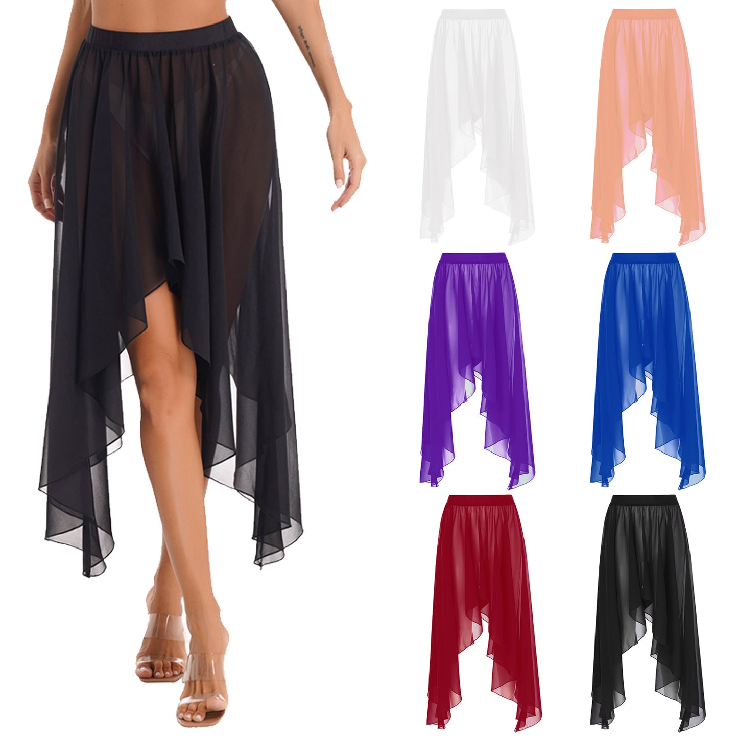 Women Adult Ballet Training Clothes Asymmetrical Sheer Chiffon Skirts Girls Middle Mesh Skirt Tulle Skirt Dance Stage Costume