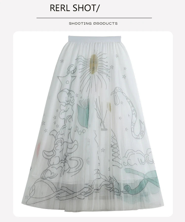 TFETTERS Pink Tulle Skirt Women Casual Graffiti Print Pleated Midi Skirt 2025 Spring and Summer Korean Fashion Women Clothing
