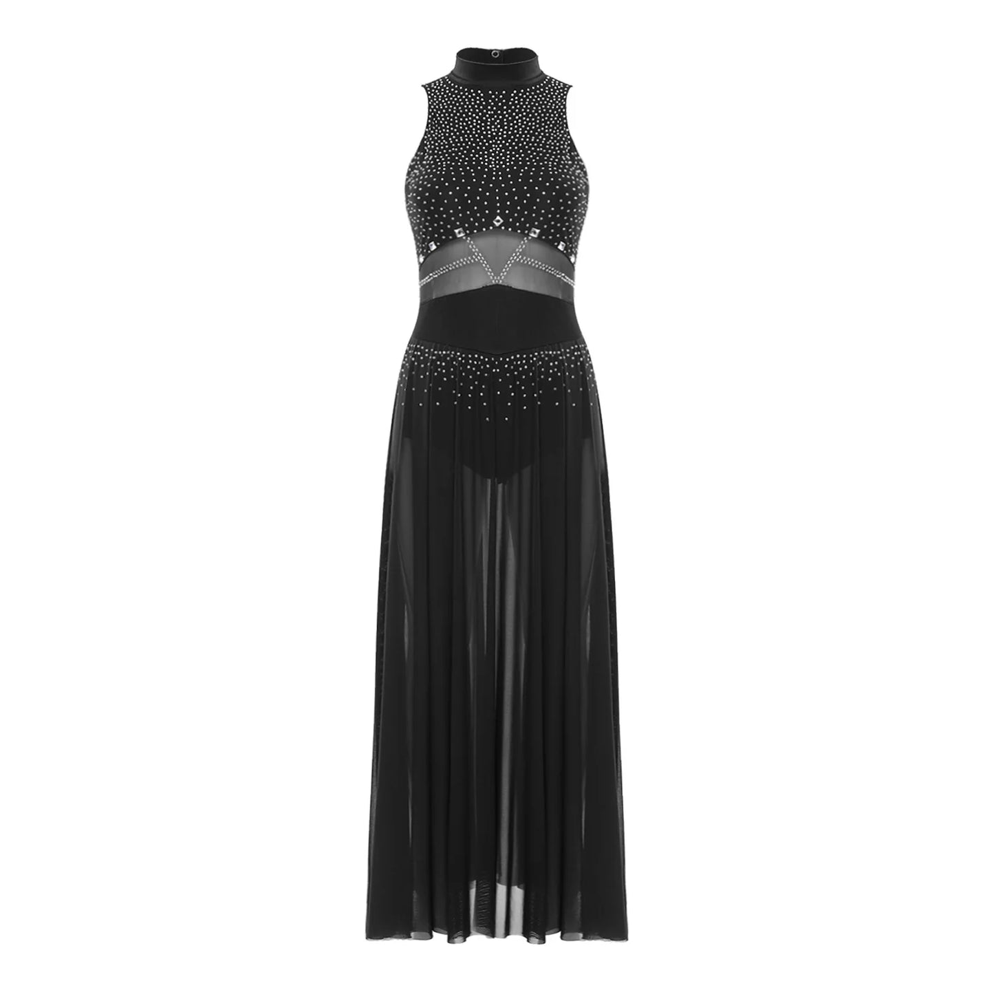 Womens Ballet Lyrical Dance Costumes Sequin Mesh Tulle Flowy Maxi Long Dress Built-In Briefs Morden Contemporary Dancewear