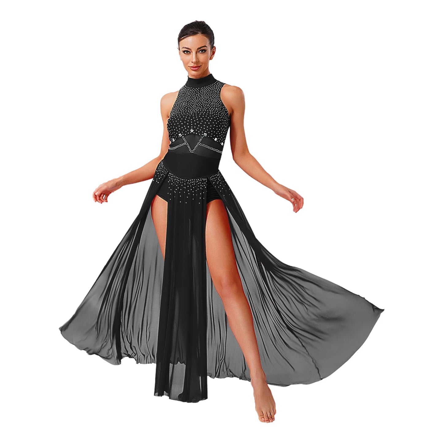 Womens Ballet Lyrical Dance Costumes Sequin Mesh Tulle Flowy Maxi Long Dress Built-In Briefs Morden Contemporary Dancewear