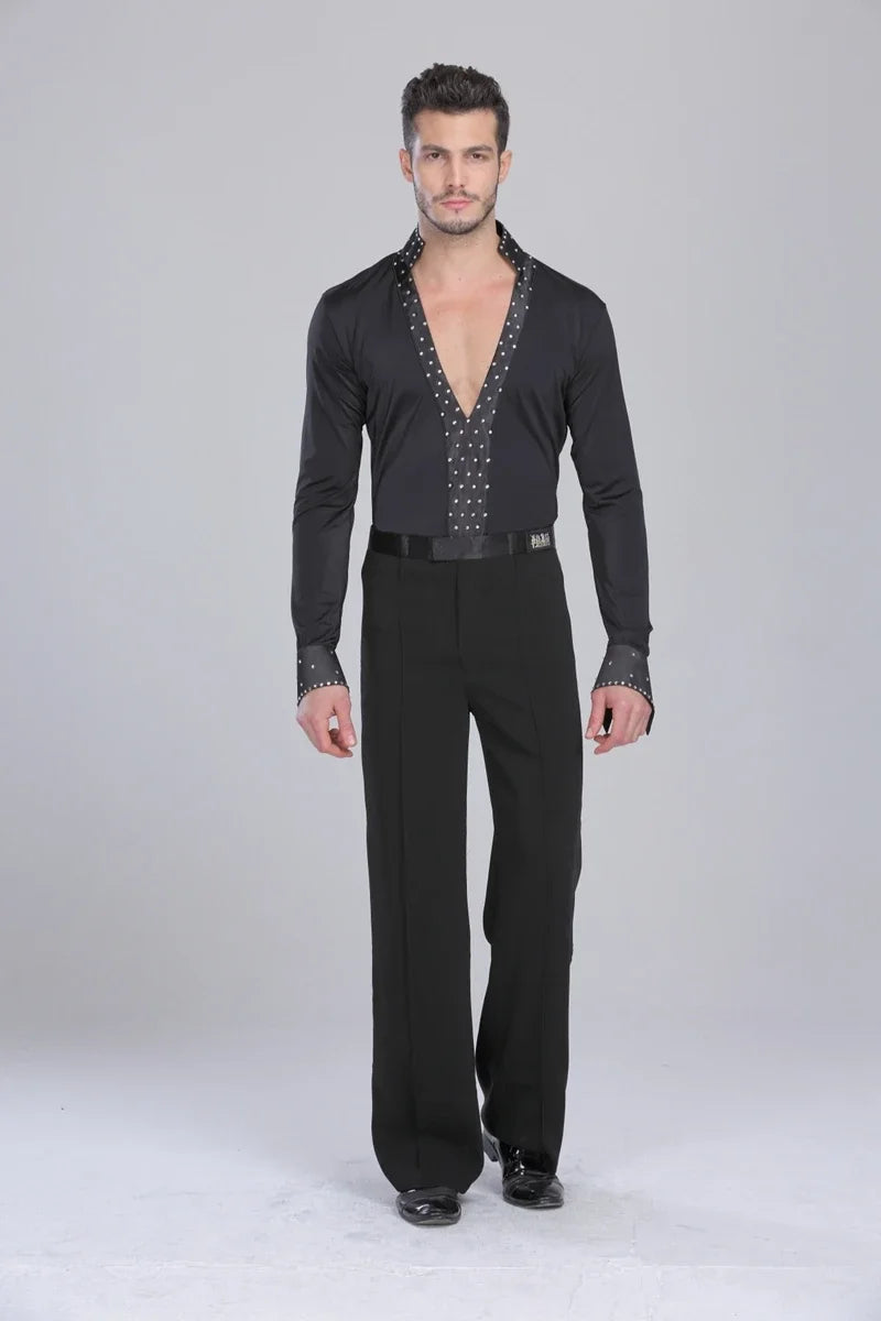 Men Latin Waltz Ballroom Dance Long Shirt Black White V-Neck Lace Leotard Bodysuit Cha-Cha Tango Rumba Dance Performance Shirts