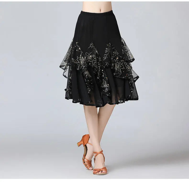Square Dance/National Standard Modern Social Dance Big Swing Skirt Embroidered Square Dance Half Body Skirt Waltz Dance Skirt