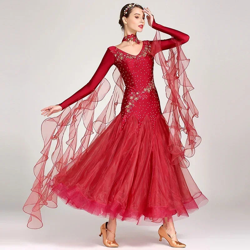 Women Competition Standard Modern Dancing Clothes Long Sleeve Waltz Stage Costumes Ballroom Dance Dress