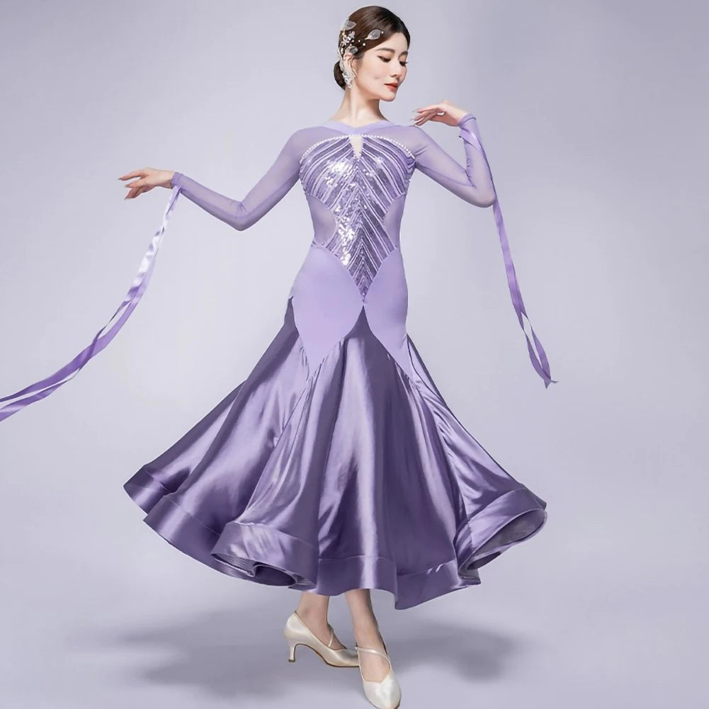Stage Costume Streamers Standard Dance Dresses Competition Waltz Ballroom Dress for Competition Elegant Purple Long Sleeves Red