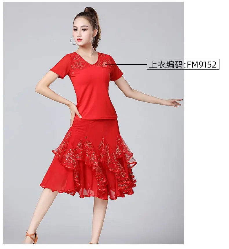 Square Dance/National Standard Modern Social Dance Big Swing Skirt Embroidered Square Dance Half Body Skirt Waltz Dance Skirt