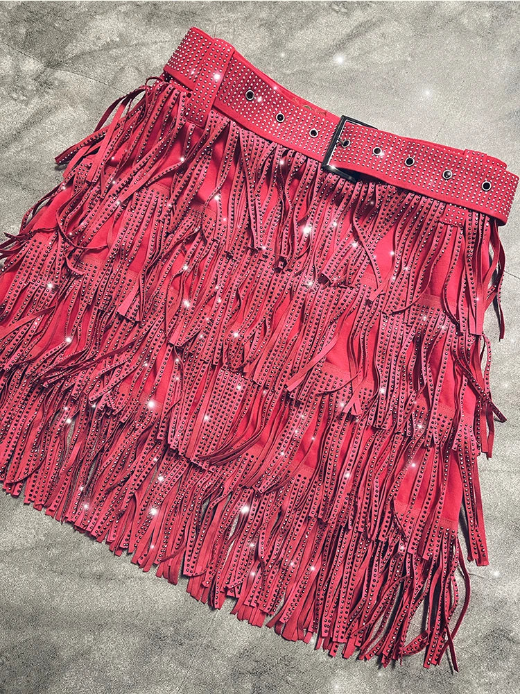 Women Skirt Fashion 2025 New Autumn High Waist Belt Multi Layer Short Heavy Drilling Rhinestones Fringed Skirt with Cake A Line
