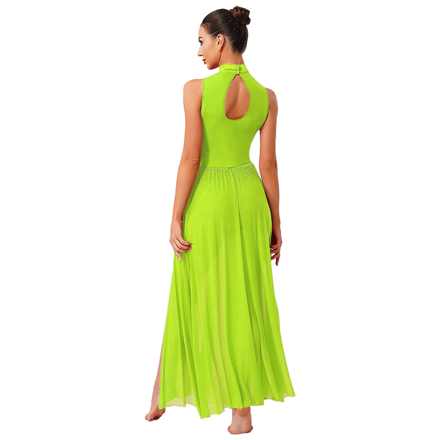 Womens Ballet Lyrical Dance Costumes Sequin Mesh Tulle Flowy Maxi Long Dress Built-In Briefs Morden Contemporary Dancewear