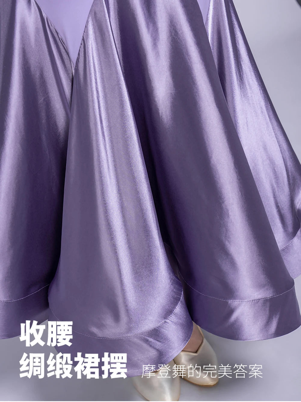 Stage Costume Streamers Standard Dance Dresses Competition Waltz Ballroom Dress for Competition Elegant Purple Long Sleeves Red