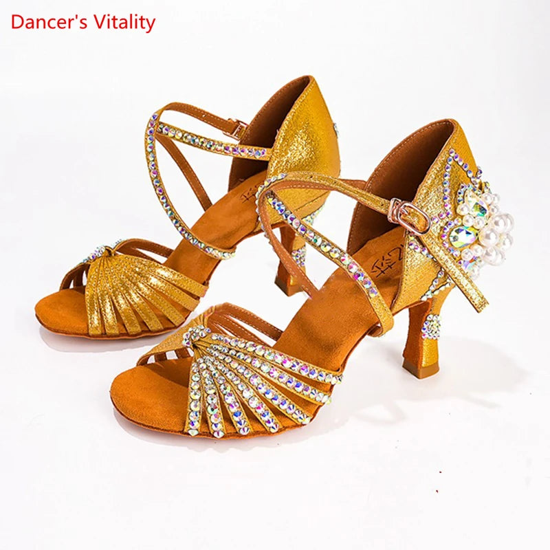 Latin Dance Shoes Female Adult Soft Sole with National Standard Professional Dance Shoes Diamond-studded Latin Shoes