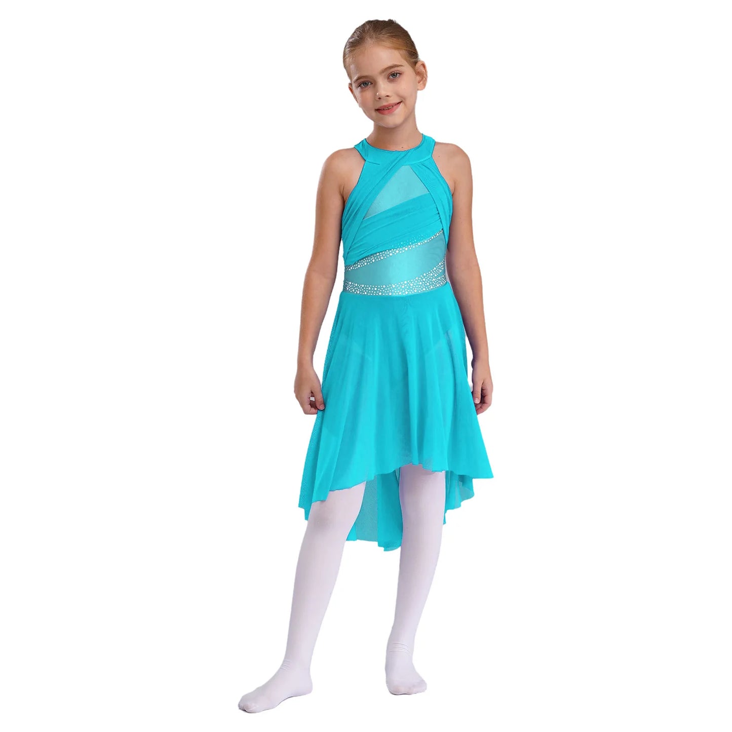 Kids Girls Rhythmic Gymnastics Ballet Lyrical Latin Dance Costume Rhinestone Ruched Leotard Waltz Tango Ballet Jersey Dresses