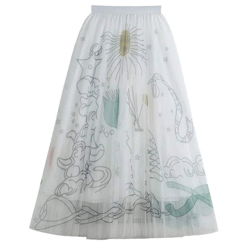 TFETTERS Pink Tulle Skirt Women Casual Graffiti Print Pleated Midi Skirt 2025 Spring and Summer Korean Fashion Women Clothing