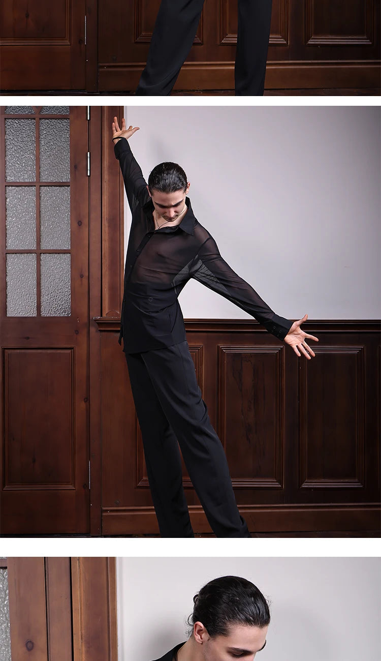 Black Mesh Ballroom Dance Top Men Long Sleeved Latin Dance Shirt Adults Samba Chacha Modern Dancing Tops Training Wear SL12058