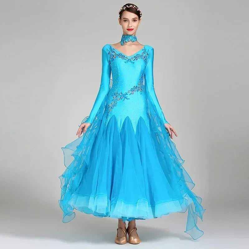 Women Competition Standard Modern Dancing Clothes Long Sleeve Waltz Stage Costumes Ballroom Dance Dress