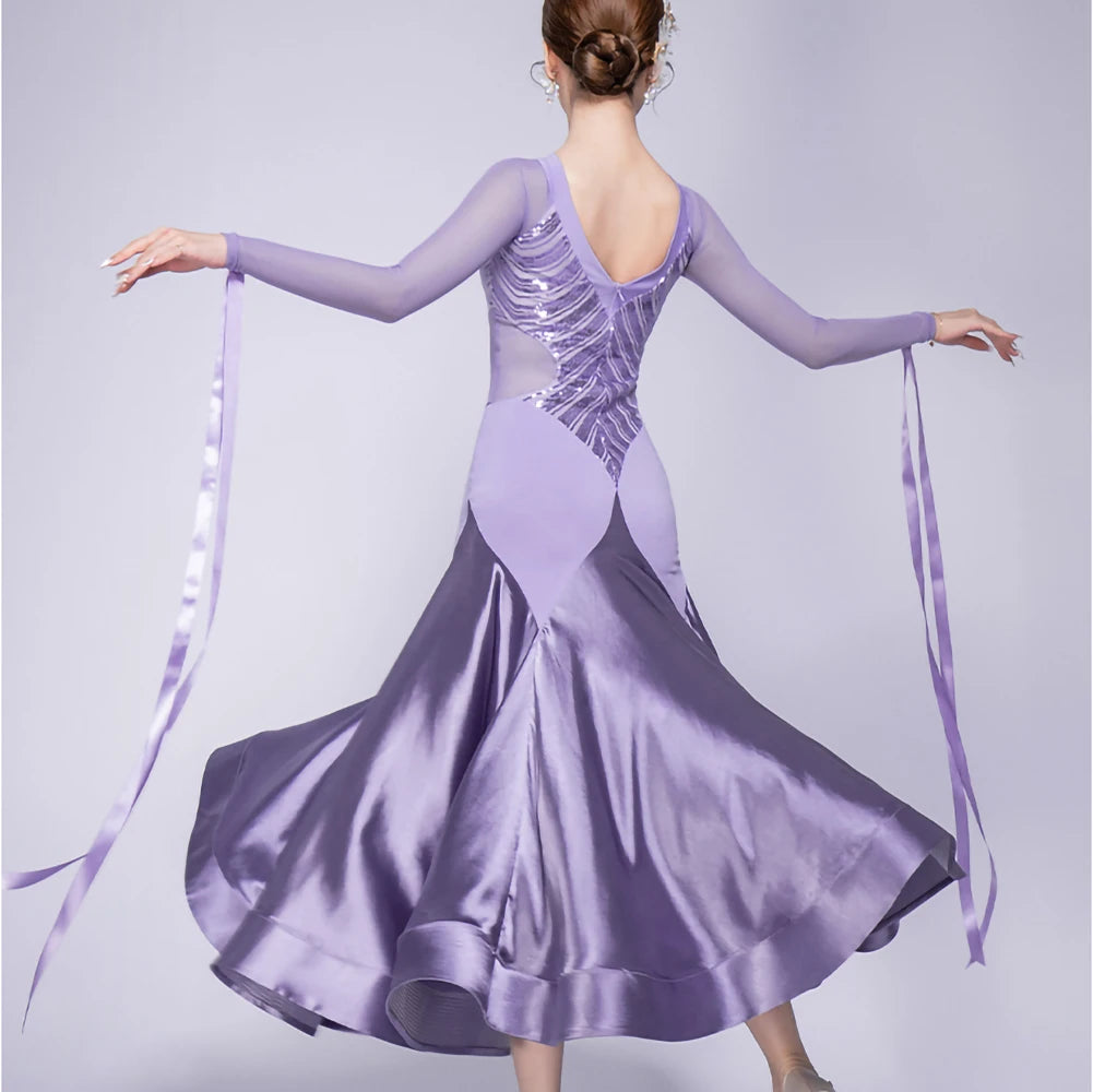 Stage Costume Streamers Standard Dance Dresses Competition Waltz Ballroom Dress for Competition Elegant Purple Long Sleeves Red