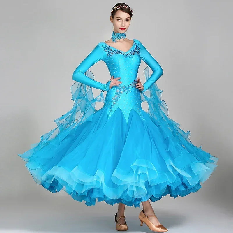 Women Competition Standard Modern Dancing Clothes Long Sleeve Waltz Stage Costumes Ballroom Dance Dress