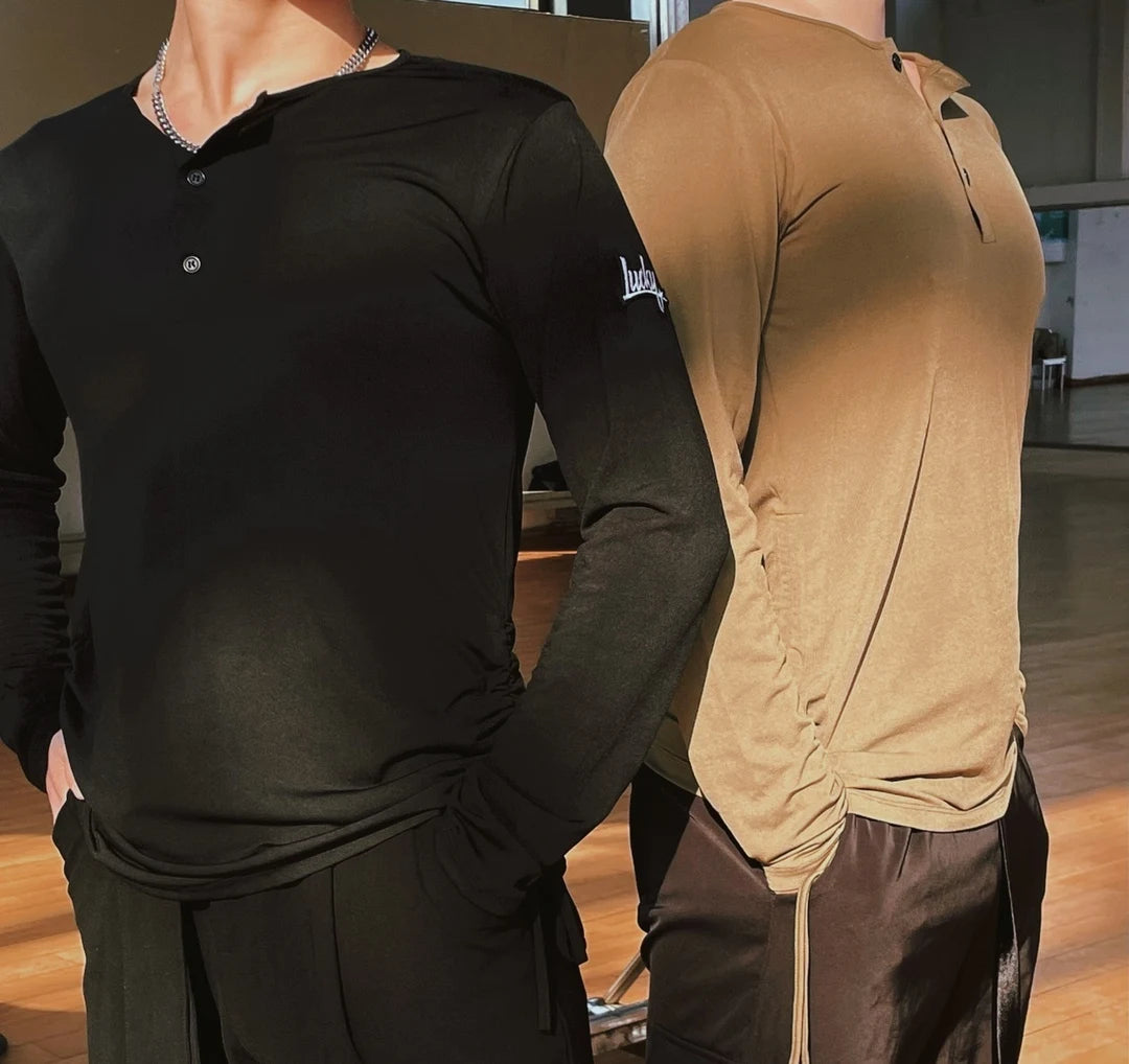 Men Long Sleeves Latin Dance Tops Round Neck Loose T Shirt Male Adult Cha Cha Rumba Salsa Dance Clothing Practice Wear DNV21958