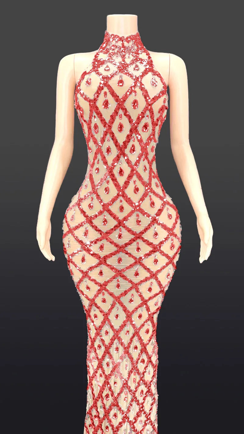 Customized Red Background Red Diamond Dress Nightclub Bar Female Singer DJDSgogo Performance Costume Stage Dress for Women
