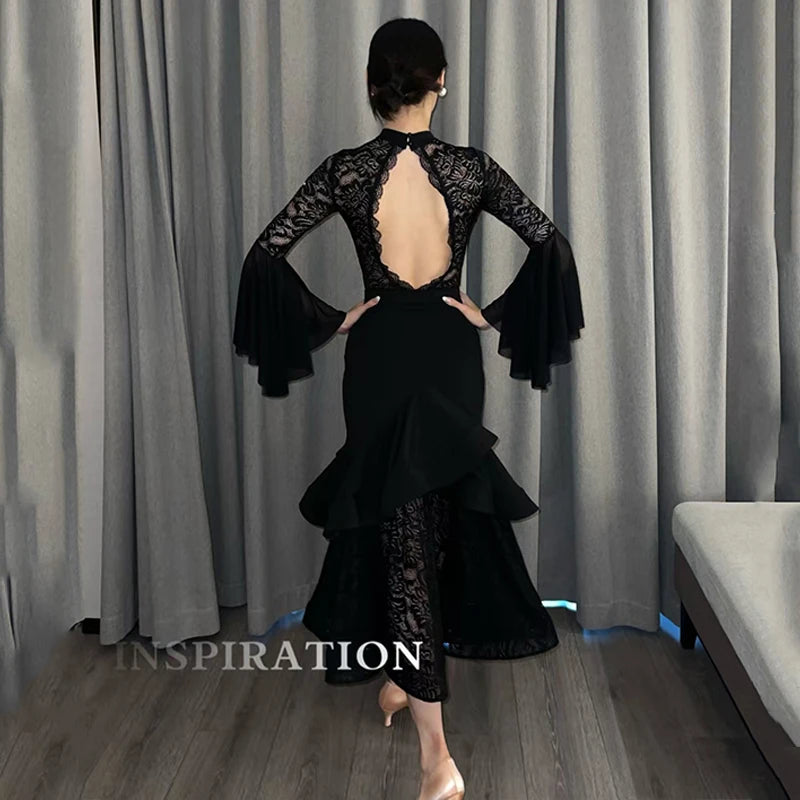 2024 Ballroom Dance Clothes Women Black Lace Tops Fishbone Skirt Long Sleeves Competition Dress Adult Waltz Dance Costume L13955