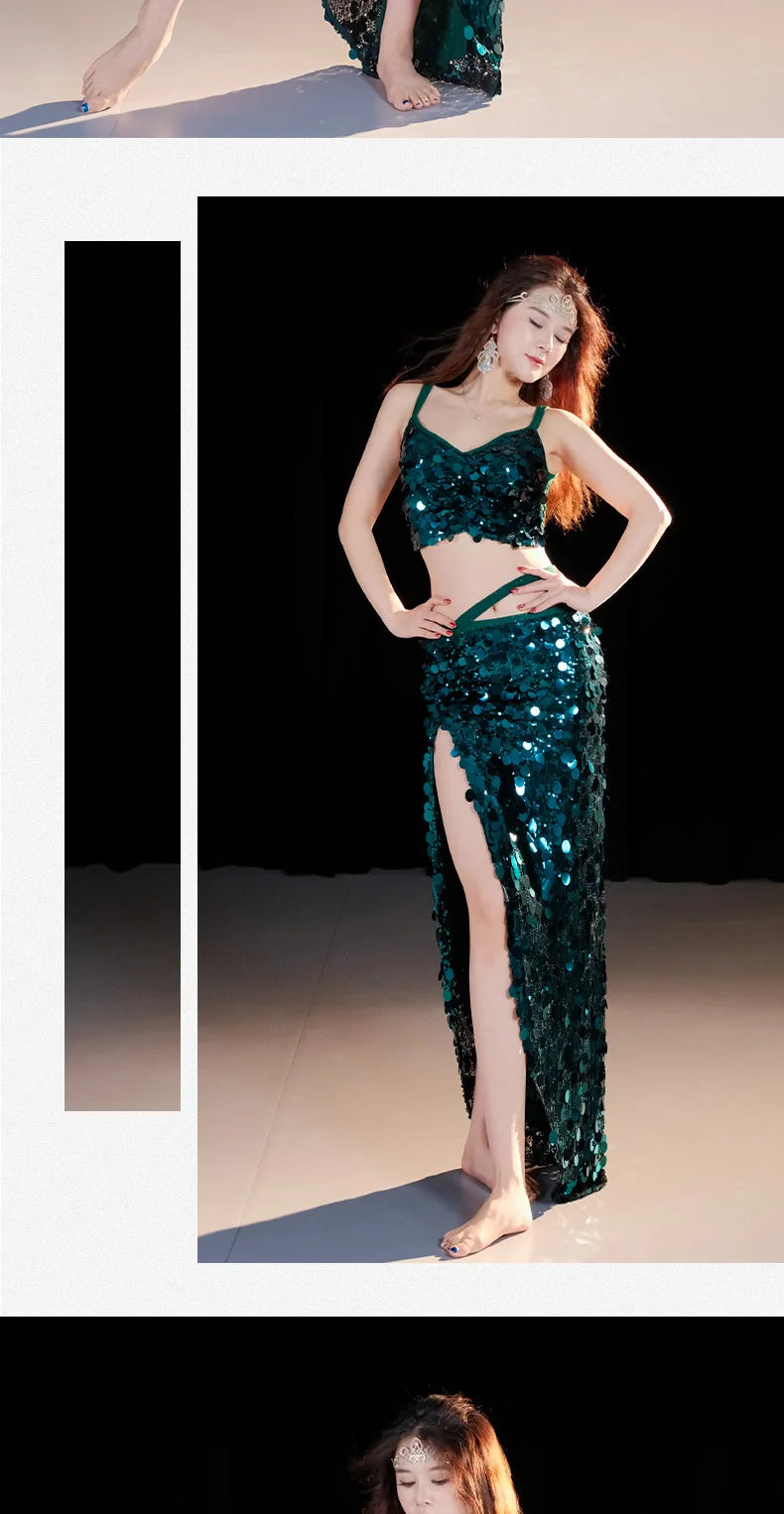 Emerald Green Sequin Skirt with Matching Crop Top – Sparkling Dance Dress, Stage Performance Gown, Ethereal Evening Ensemble