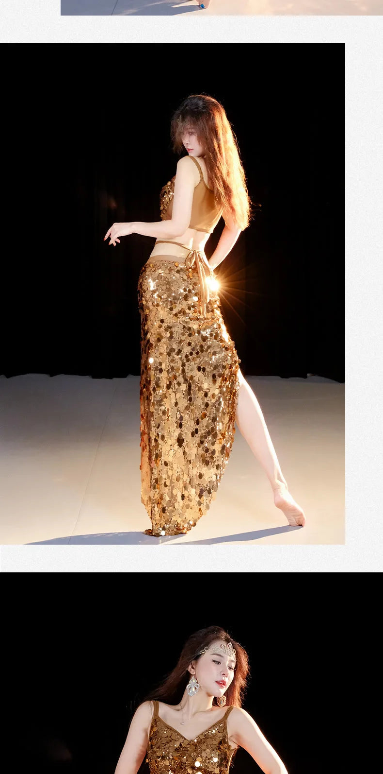 Emerald Green Sequin Skirt with Matching Crop Top – Sparkling Dance Dress, Stage Performance Gown, Ethereal Evening Ensemble