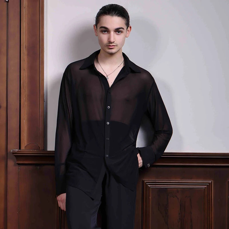 Black Mesh Ballroom Dance Top Men Long Sleeved Latin Dance Shirt Adults Samba Chacha Modern Dancing Tops Training Wear SL12058