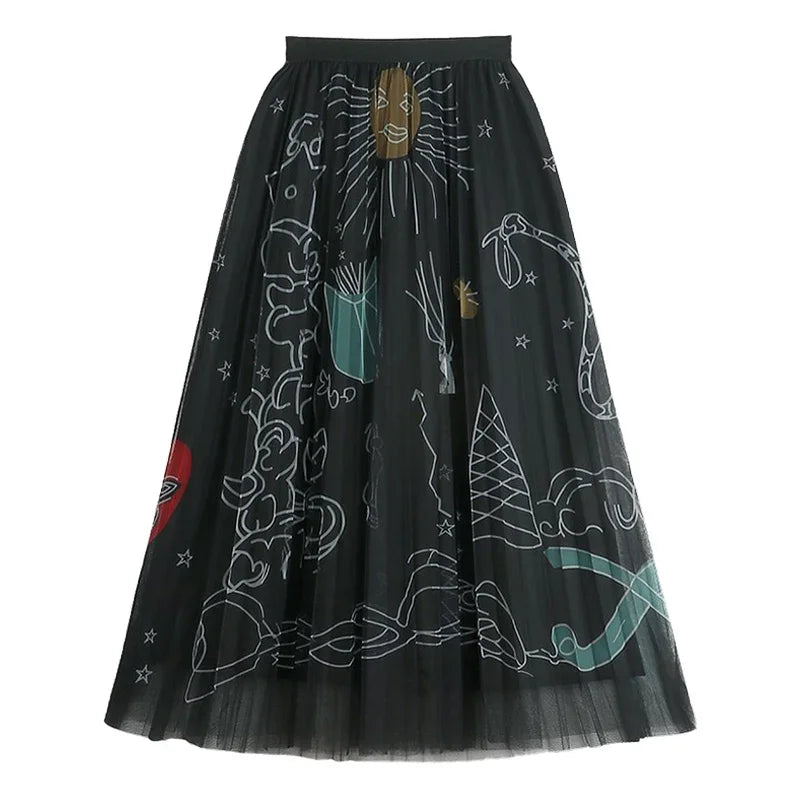 TFETTERS Pink Tulle Skirt Women Casual Graffiti Print Pleated Midi Skirt 2025 Spring and Summer Korean Fashion Women Clothing