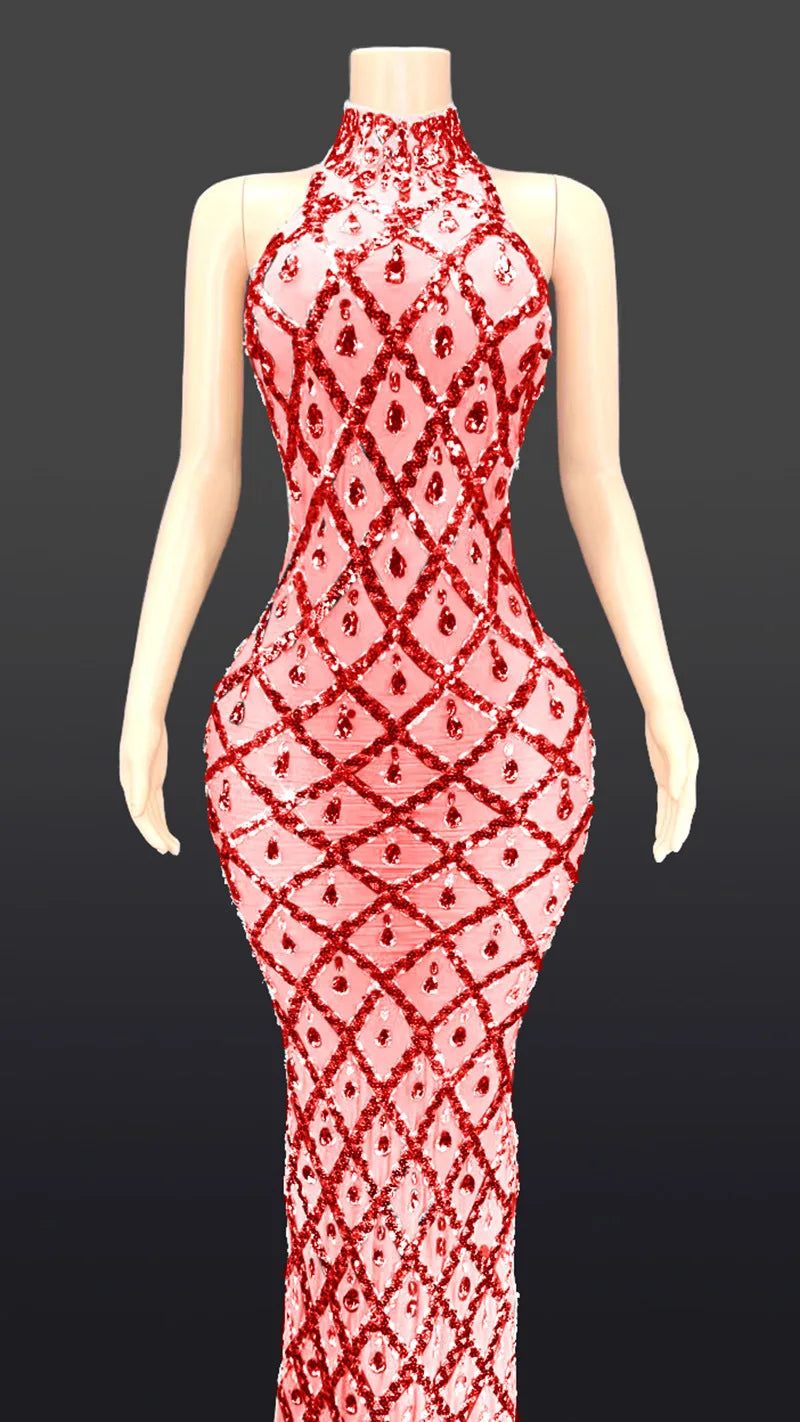 Customized Red Background Red Diamond Dress Nightclub Bar Female Singer DJDSgogo Performance Costume Stage Dress for Women