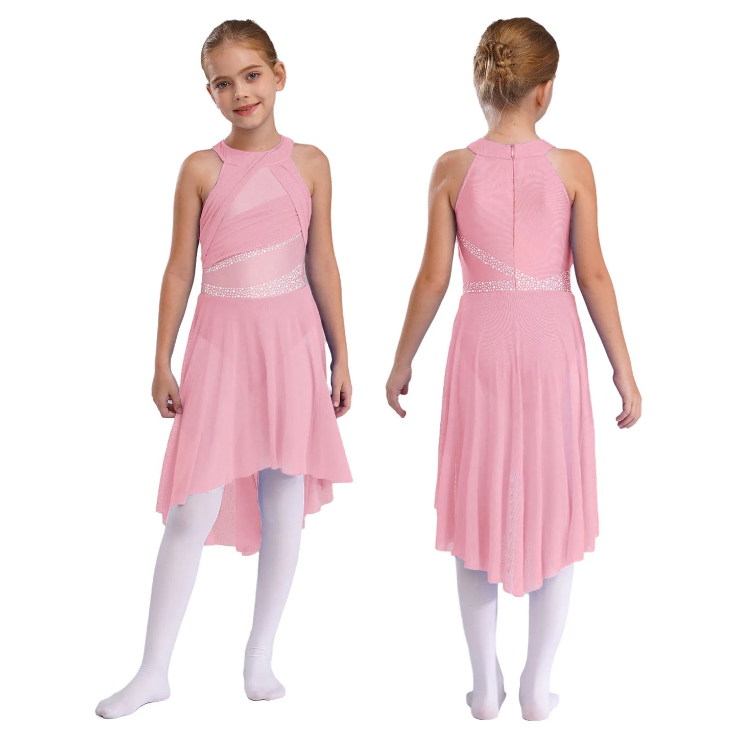 Kids Girls Rhythmic Gymnastics Ballet Lyrical Latin Dance Costume Rhinestone Ruched Leotard Waltz Tango Ballet Jersey Dresses