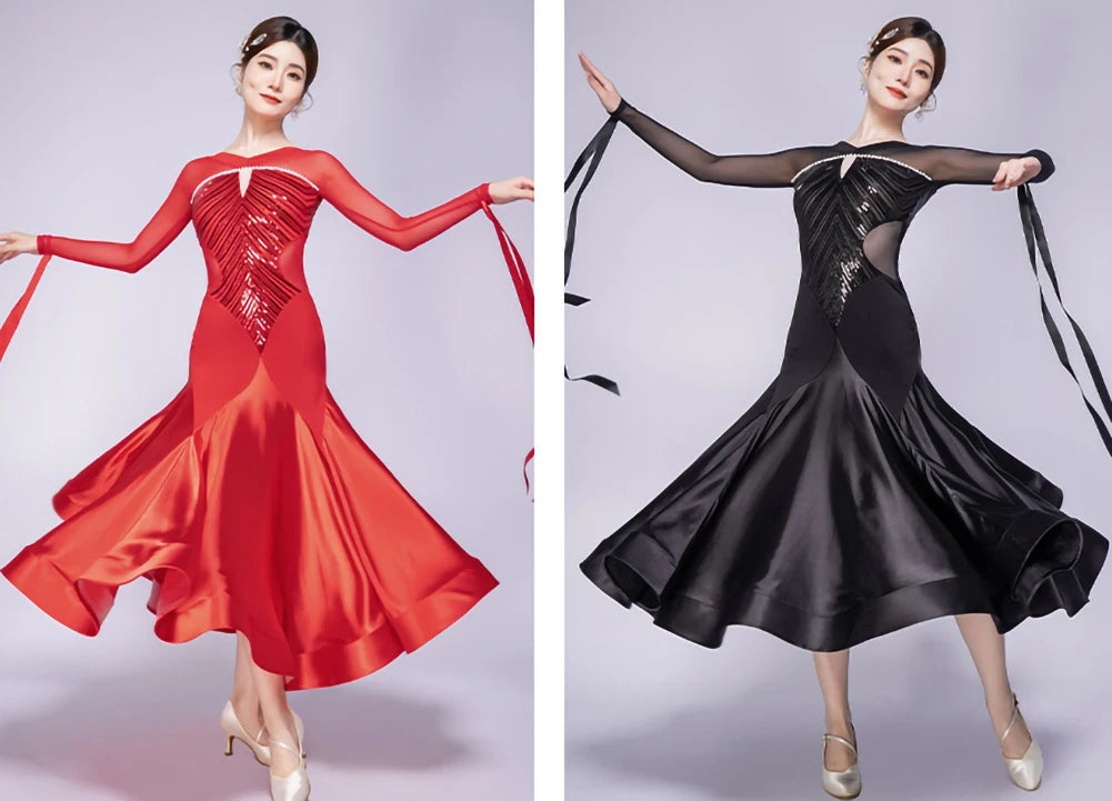 Stage Costume Streamers Standard Dance Dresses Competition Waltz Ballroom Dress for Competition Elegant Purple Long Sleeves Red