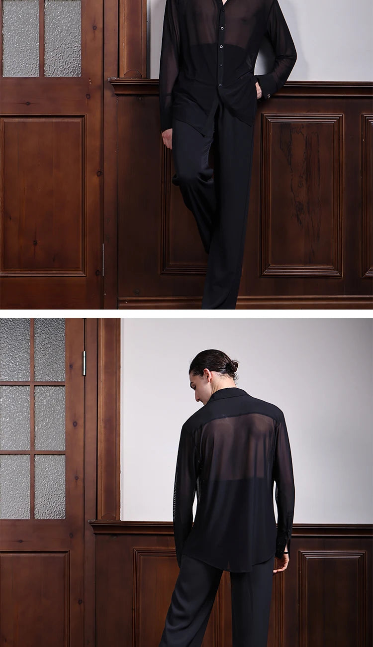 Black Mesh Ballroom Dance Top Men Long Sleeved Latin Dance Shirt Adults Samba Chacha Modern Dancing Tops Training Wear SL12058